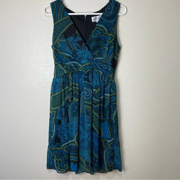 Studio I Paisley Midi Dress Blue  Green Sleeveless Empire Waist Pleated Sz 8 - Picture 13 of 16
